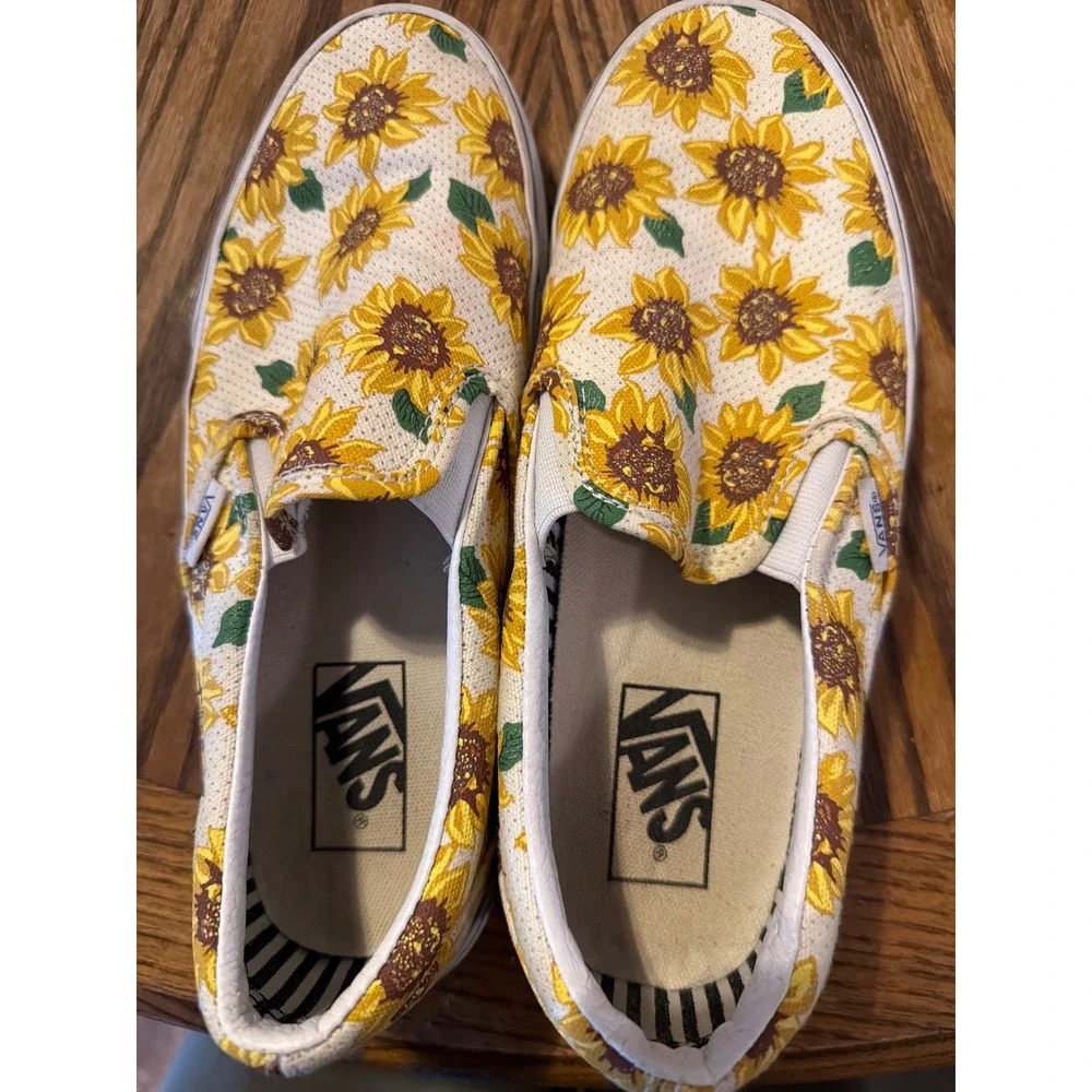 Vans Classic Slip-On Sunflower Floral Canvas Sneakers Womens 8 Mens 6.5 Cream